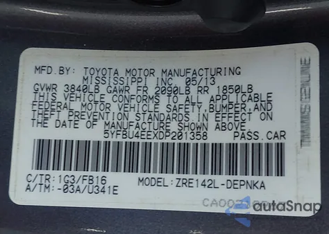 2013 Toyota Corolla Le из США, поврежденный, VIN 5YFBU4EEXDP201358